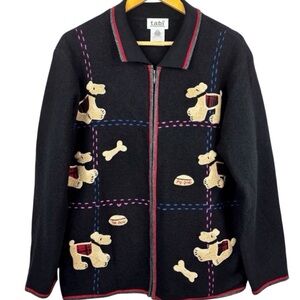 VTG Tabi Dog & Stitch Pattern 100% Wool Lightweight Full Zip Cardigan Sweater XL
